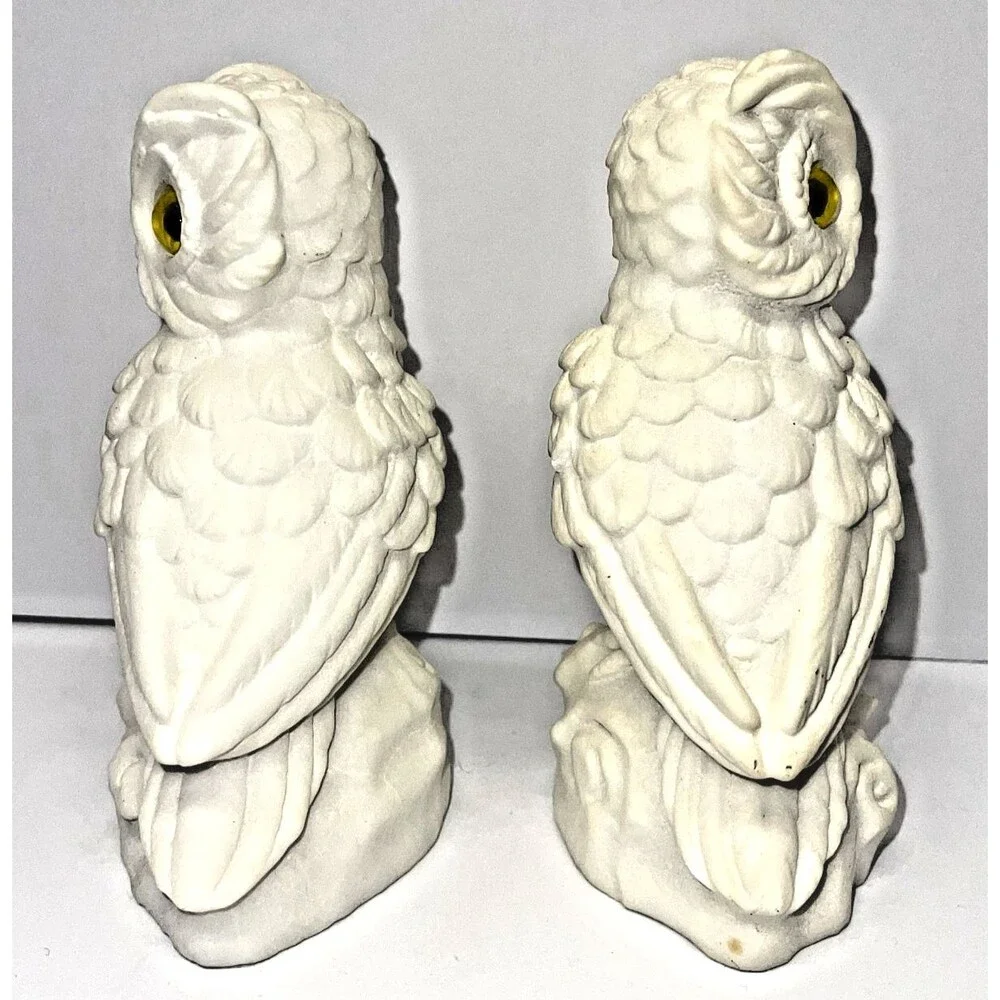 2 Vintage White Alabaster Horned Owl Figurines 5” w/ Yellow Eyes - Made in Italy